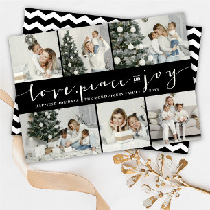 Love Peace Joy Black Band Modern 6 Photo Collage Holiday Card