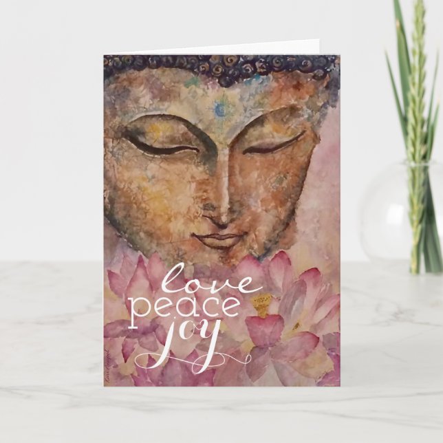 Love Peace Joy Buddha Watercolor Art Greeting Card (Front)