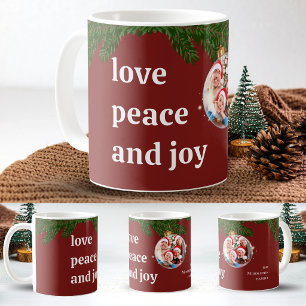 Love Peace Joy Christmas Family Photo Burgundy Coffee Mug