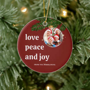 Love Peace Joy Christmas Family Photo Burgundy Red Ceramic Tree Decoration