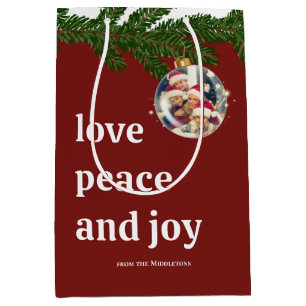 Love Peace Joy Christmas Family Photo Burgundy Red Medium Gift Bag