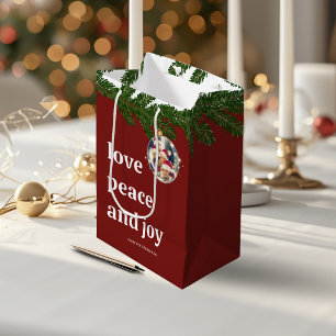 Love Peace Joy Christmas Family Photo Burgundy Red Medium Gift Bag