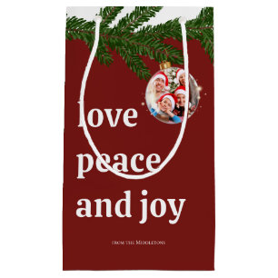 Love Peace Joy Christmas Family Photo Burgundy Red Small Gift Bag