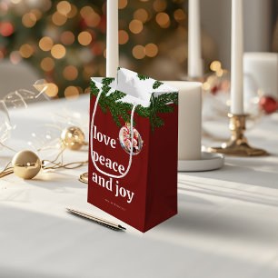 Love Peace Joy Christmas Family Photo Burgundy Red Small Gift Bag
