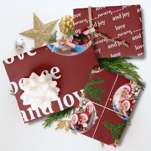 Love Peace Joy Christmas Family Photo Burgundy Wrapping Paper Sheet