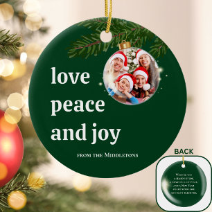 Love Peace Joy Christmas Family Photo Forest Green Ceramic Tree Decoration