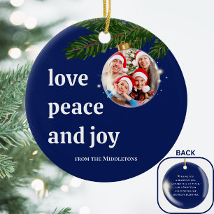 Love Peace Joy Christmas Family Photo Navy Blue Ceramic Tree Decoration