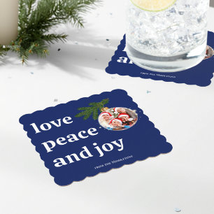 Love Peace Joy Christmas Family Photo Navy Blue Square Paper Coaster