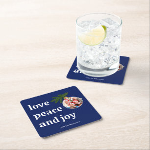 Love Peace Joy Christmas Family Photo Navy Blue Square Paper Coaster