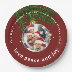 Love Peace Joy Christmas Party Photo Burgundy Red Paper Plate