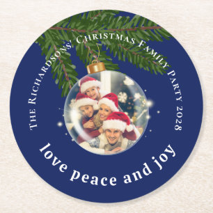 Love Peace Joy Christmas Party Photo Navy Blue Round Paper Coaster