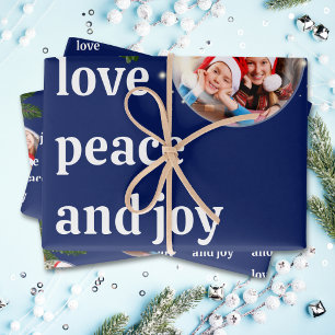 Love Peace Joy Christmas Photo Evergreen Navy Blue Wrapping Paper Sheet