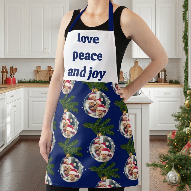 Love Peace Joy Christmas Photo Pattern Navy Blue Apron (Creator Uploaded)
