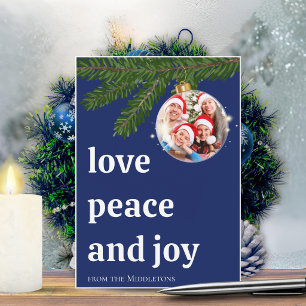 Love Peace Joy Christmas Stacked Photo Navy Blue Holiday Card