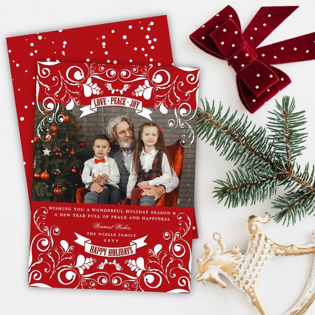Love Peace Joy Elegant Floral Flourish Red Photo Holiday Card (Creator Uploaded)
