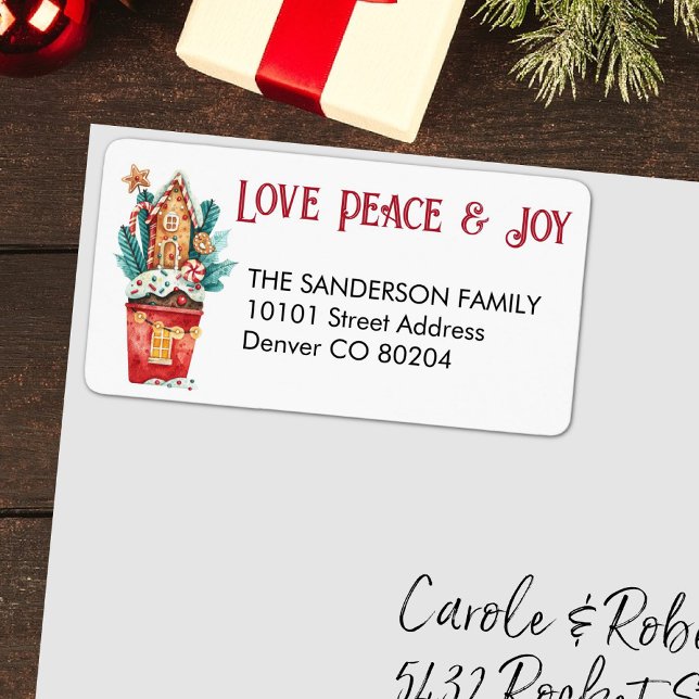 Love Peace Joy, Gingerbread House Return Address Label (Creator Uploaded)