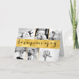 Love Peace Joy Gold Foil Stylish 6 Photo Collage Holiday Card