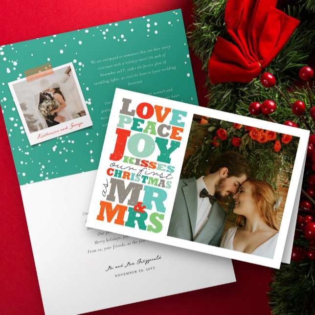 Love Peace Joy Kisses Colour Typography Christmas Holiday Card (Love Peace Joy Kisses Colorful Typography Couple's First Christmas Holiday Wedding Card by fatfatin)