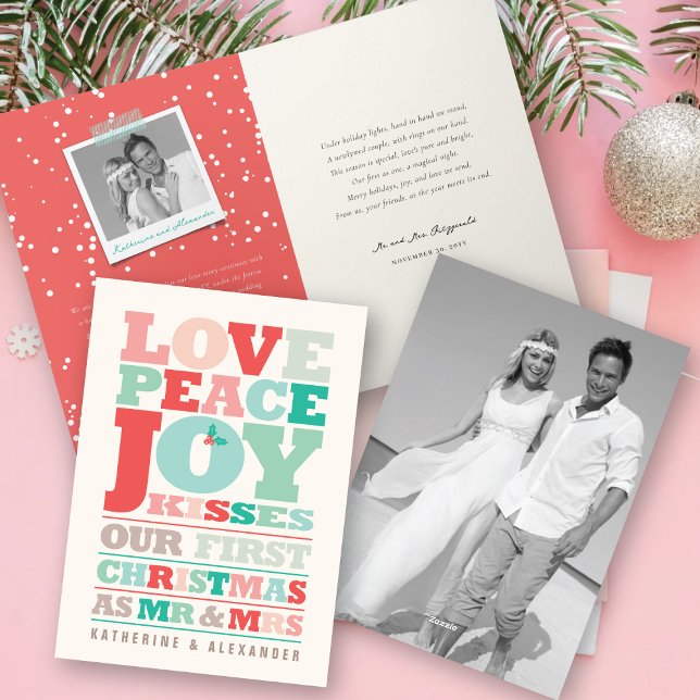 Love Peace Joy Kisses Colour Typography Christmas Holiday Card (Love Peace Joy Kisses Colorful Pastels Typography Newlywed's 1st Christmas Holiday Card by fatfatin)