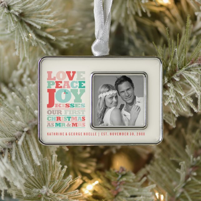 Love Peace Joy Kisses Colour Typography Christmas Silver Plated Framed Ornament (Tree)