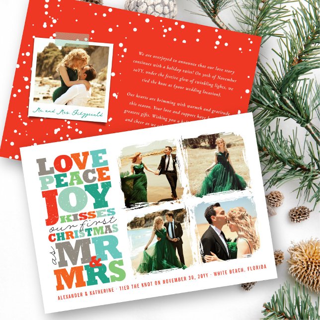 Love Peace Joy Kisses Mr & Mrs 1st Christmas Photo Holiday Card (Love Peace Joy Kisses COlorful Typography Mr & Mrs 1st Christmas Photo Holiday Card by fat*fa*tin)