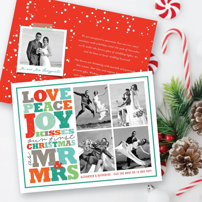 Love Peace Joy Kisses Mr & Mrs 1st Christmas Photo RSVP Card (Love Peace Joy Kisses Mr & Mrs First Christmas 4 Photo Collage Holiday Wedding 4.25" x 5.5" Card)