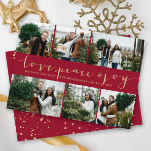 Love Peace Joy Maroon Band Modern 6 Photo Collage Holiday Card