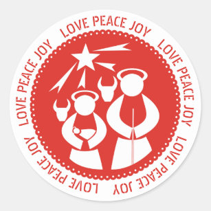 Love, Peace, Joy Nativity Scene red Christmas Classic Round Sticker