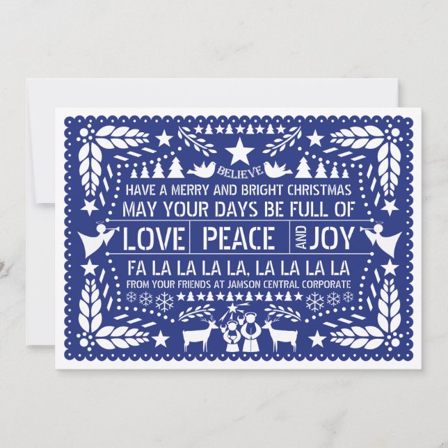 Love, Peace, Joy papel picado blue Christmas Holiday Card (Front)