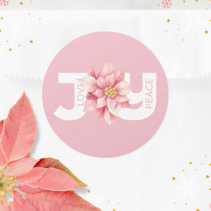 Love Peace Joy Pink Poinsettia Christmas Classic Round Sticker