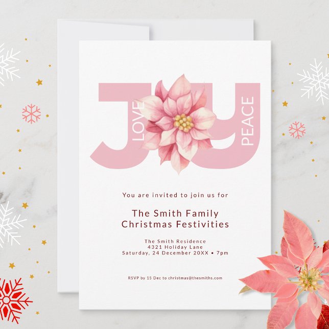 Love Peace Joy Pink Poinsettia Christmas Invitation (Creator Uploaded)