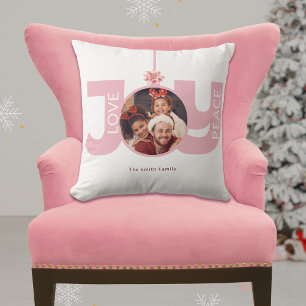 Love Peace Joy Pink Poinsettia Christmas Photo Cushion