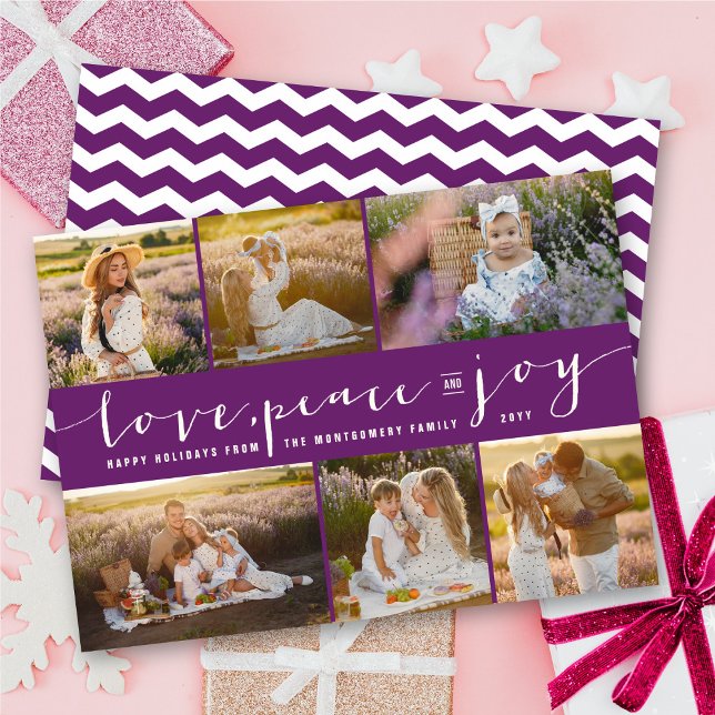 Love Peace Joy Purple Band Modern 6 Photo Collage Holiday Card (Creator Uploaded)