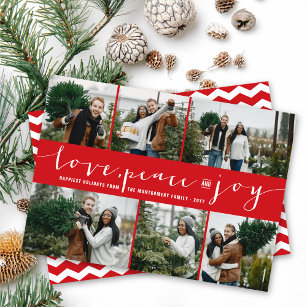 Love Peace Joy Red Band Modern 6 Photo Collage Holiday Card