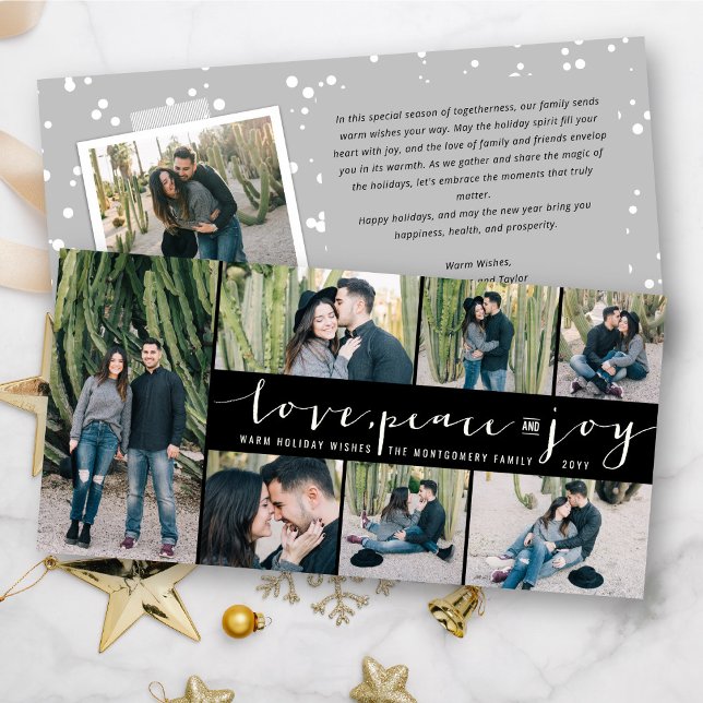 Love Peace Joy Simple Trendy Script Modern 7 Photo Holiday Card (Creator Uploaded)