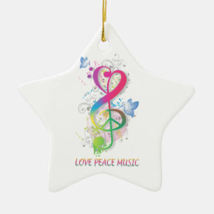 Love Peace Music Splatter swirls flowers birds Ceramic Tree Decoration