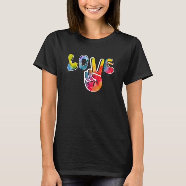 Love Peace Sign Retro 60s 70s Hippie Hand Tie Dye T-Shirt (Front)