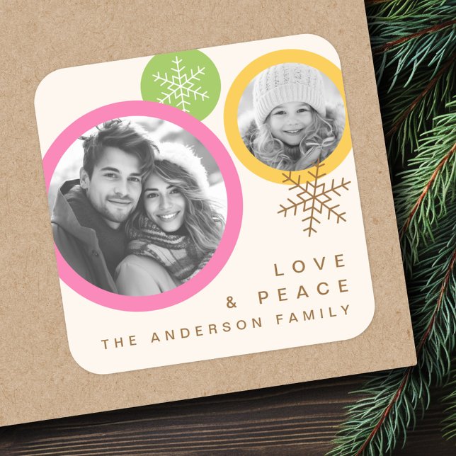 Love peace snowflakes colourful photo holiday square sticker (Love peace snowflakes colorful photo holiday square sticker)
