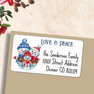 Love & Peace Snowman Family Return Name Address Label