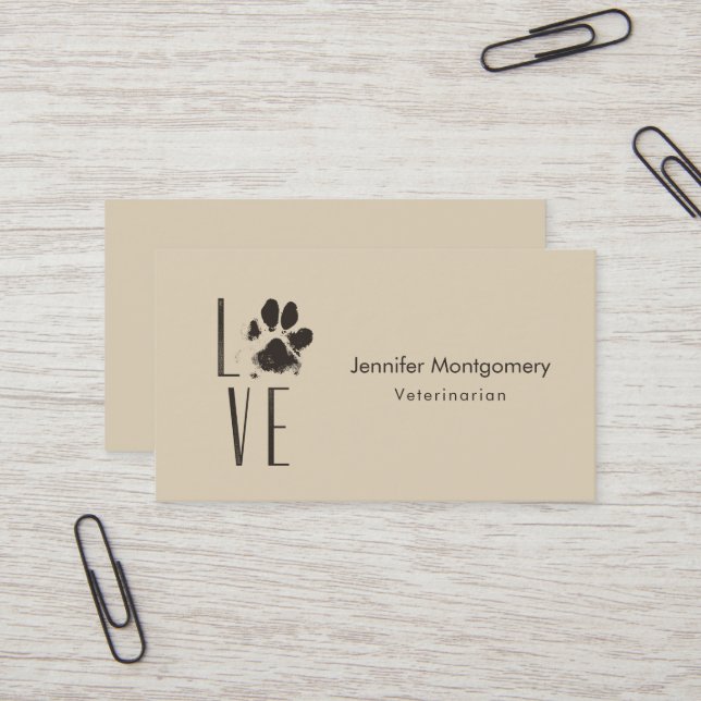 Love Pet Paw Print Brown Grunge Typography Business Card (Front/Back In Situ)