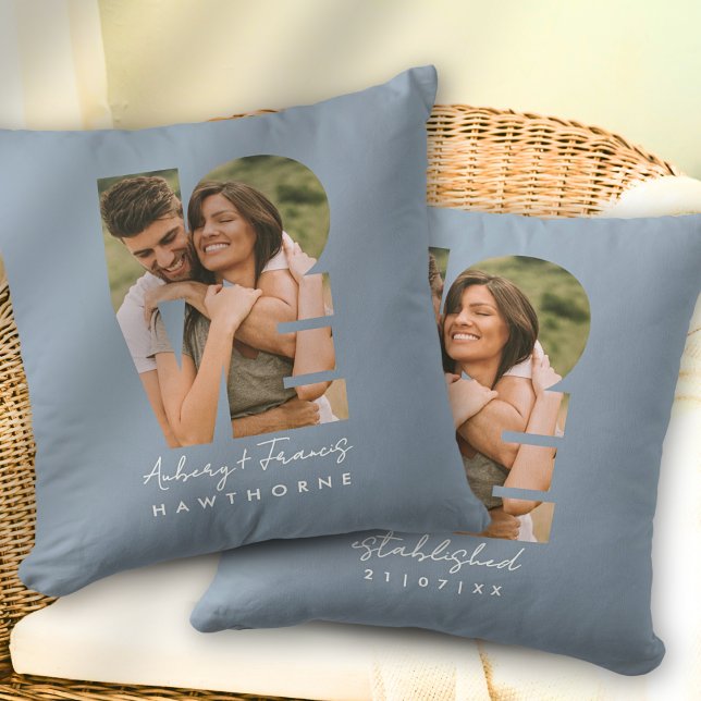 Love Photo Simple Modern Personalised Dusty Blue Cushion (Creator Uploaded)