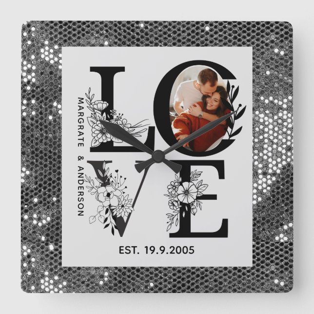 Love photo simple modern personalised gift silver square wall clock (Front)
