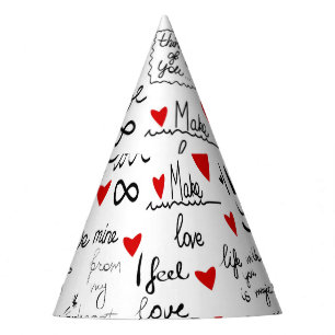 Love phrases, doodle hearts, valentines pattern. party hat
