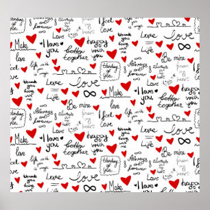 Love phrases, doodle hearts, valentines pattern. poster