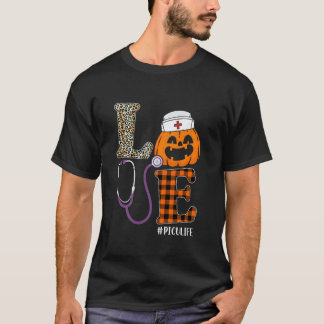 Love PICU Nurse Leopard Pumpkin Halloween Nurse Co T-Shirt