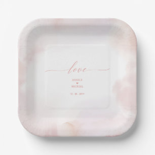 Love Pink Heart & Watercolor Wedding Reception Paper Plate