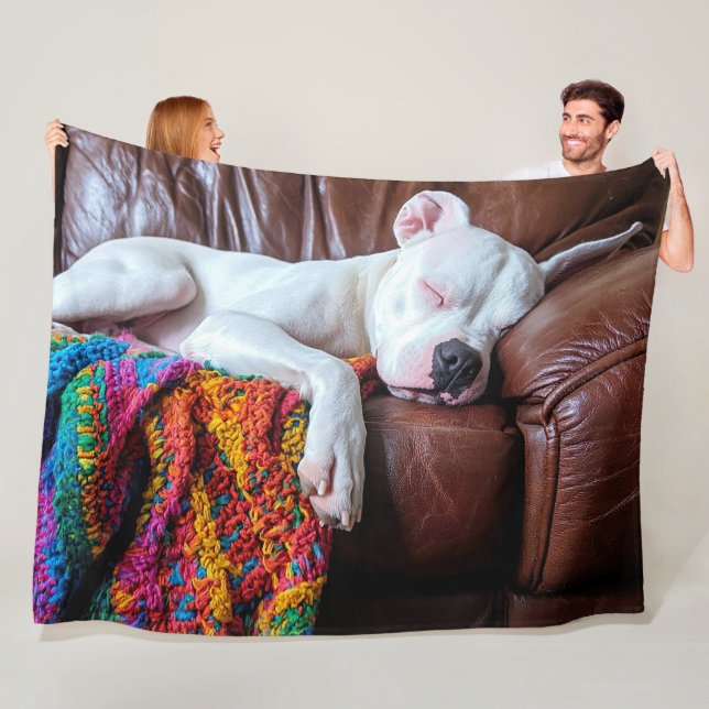 Love Pitbull Dog Sleeping on the Couch Fleece Blanket (In Situ)
