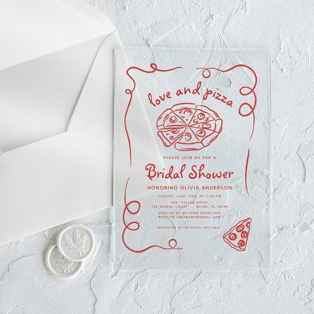 Love & Pizza Italian Hand Drawn Red Bridal Shower Acrylic Invitations (Creator Uploaded)