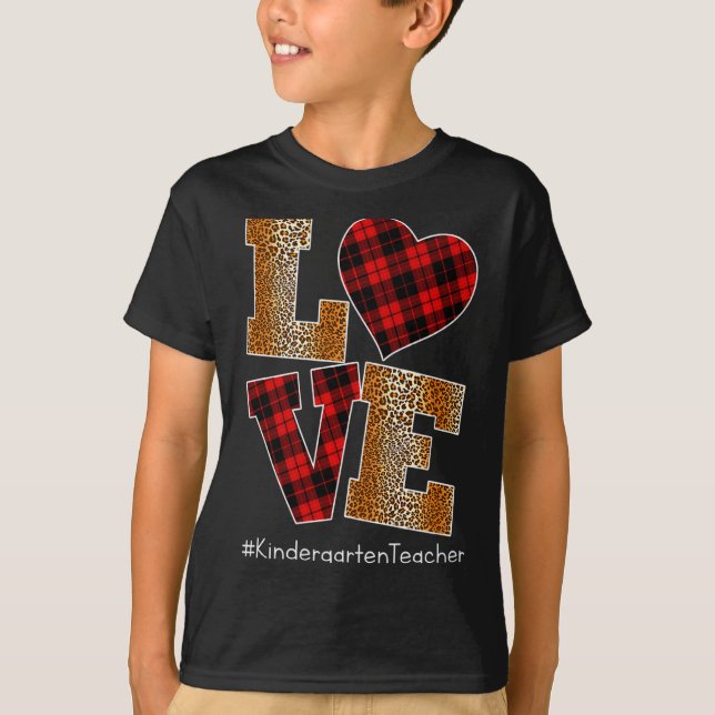 Love Plaid Red Leopard Kindergarten Teacher Valent T-Shirt (Front)