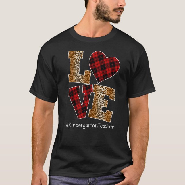 LOVE Plaid Red Leopard Kindergarten Teacher Valent T-Shirt (Front)